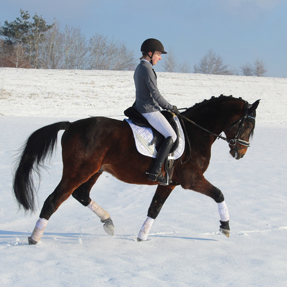 Eine Frau reitet über eine verschneite Wiese