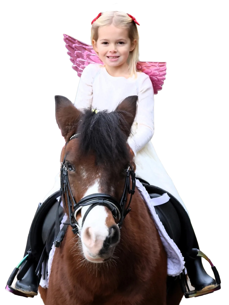 Ein Mädchen mit Engelsflügeln sitzt auf einem Pony